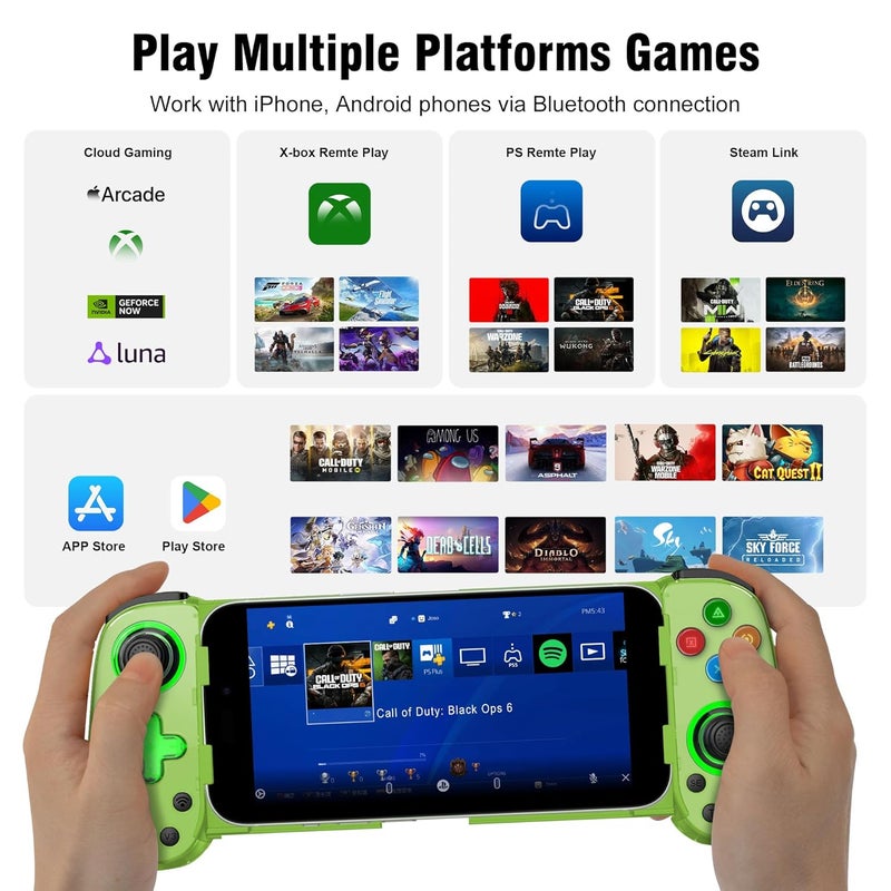 Joso Wireless Phone Controller for iPhone/Android, Mobile Game Controller with Hall Joystick Suitable for Xbox Cloud Gaming, PS Remote Play, Steam Link, Call of Duty & More - Green with Rocker Light - Image 2